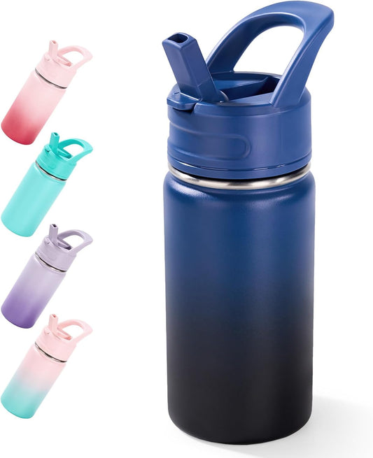 12Oz Kids Water Bottle for School, Toddler Bottles with Straws, Stainless Steel Vacuum Insulated Water Bottle for Boys&Girls, Leak-Proof, Bpa-Free, Blue Black