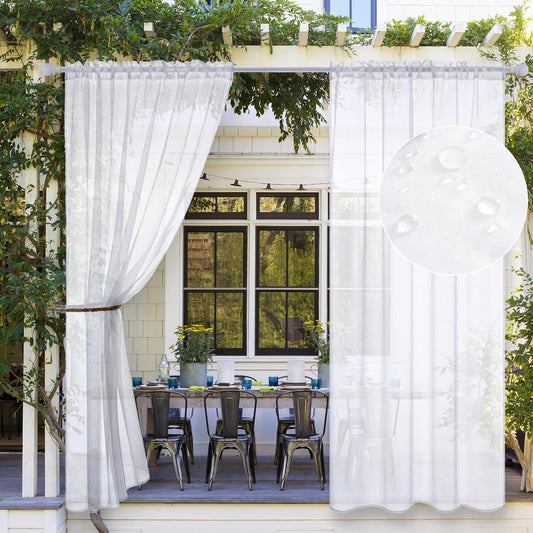 Outdoor Sheer Curtain for Patio, Waterproof White Linen Look Semi-Sheer Privacy Drapes for Gazebo, Porch, Pergola, Cabana, 2 Panels,54W X 96L