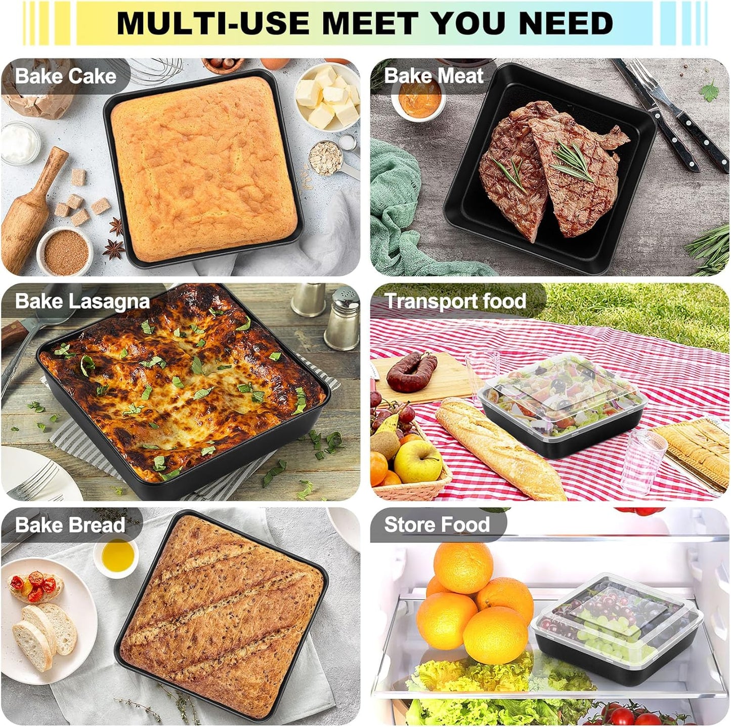 Square Baking Pan with Lid, Nonstick Stainless Steel Square Cake Pan and Plastic Lid, Black Bakeware Tin for Lasagna Brownies, Sturdy & Easy Clean, (8 Inch, 2Pcs)
