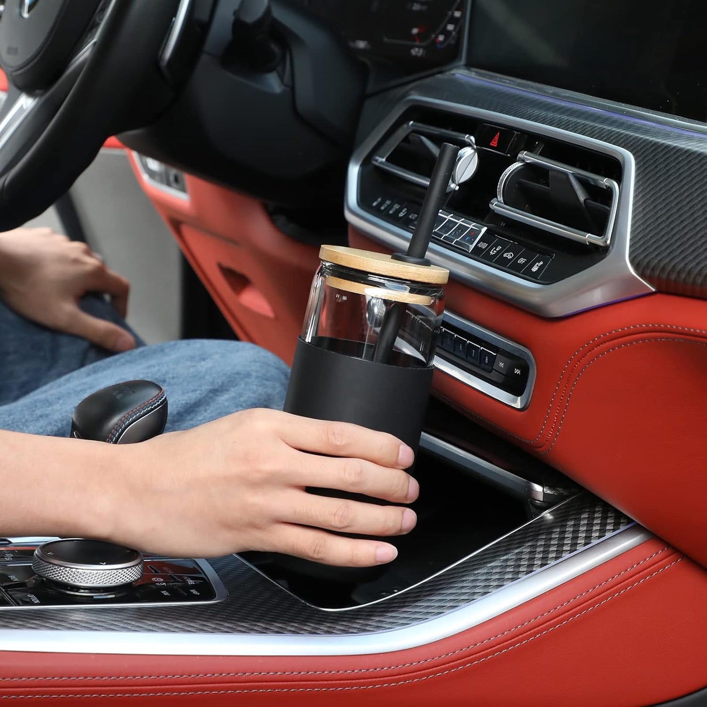 20Oz Glass Water Tumbler with Silicone Protective Sleeve - Beer Can Glass Cups with Straw and Bamboo Lid, Iced Coffee Glasses, Cute Drinking Glasses For, Water Smoothie, Boba Tea, Gift - Black