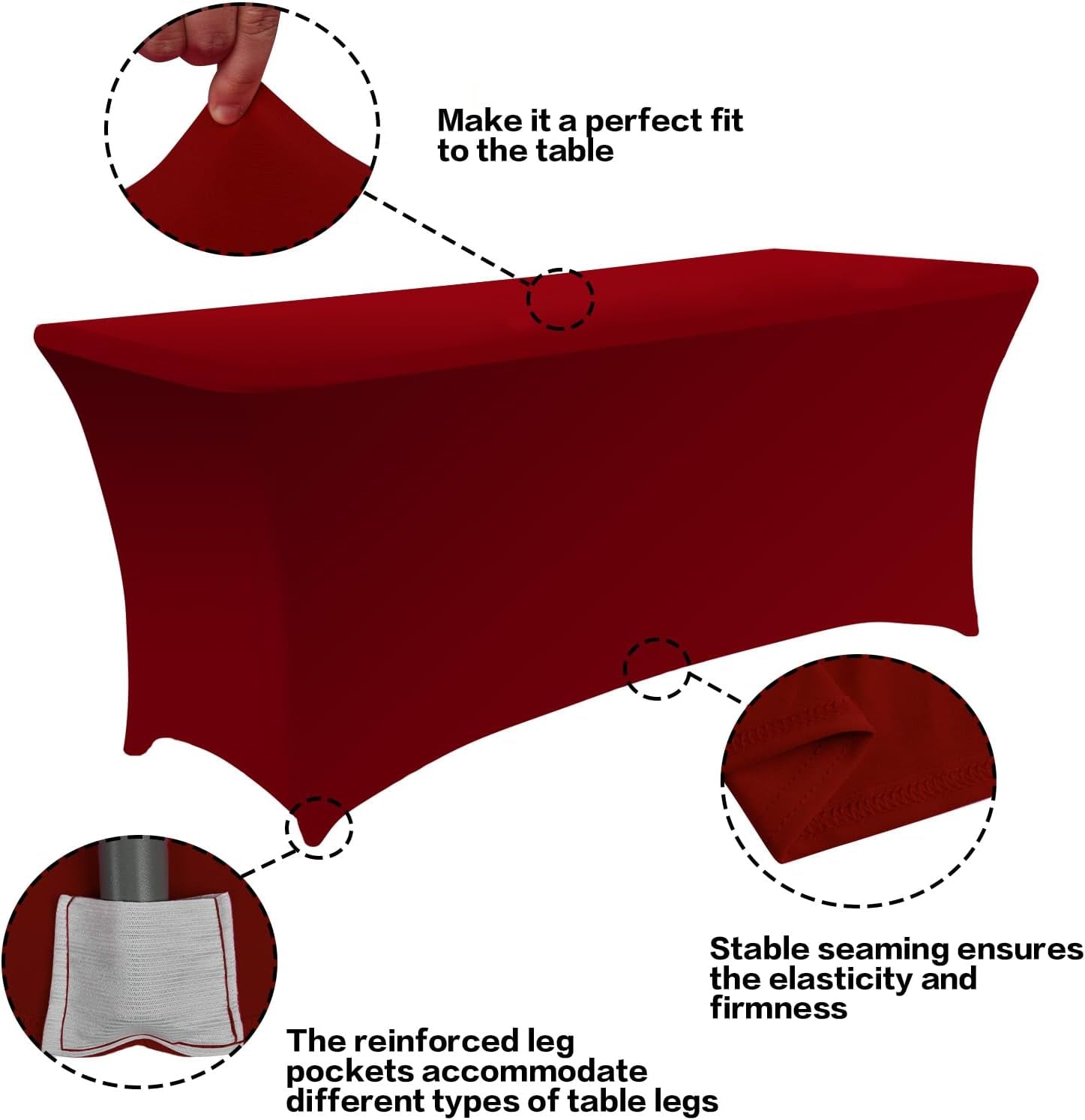 2 Pack 6FT Table Cloth for Rectangular Fitted Events Stretch Burgundy Table Covers Washable Spandex Tablecloth Protector for Party, Wedding, Cocktail, Banquet, Festival