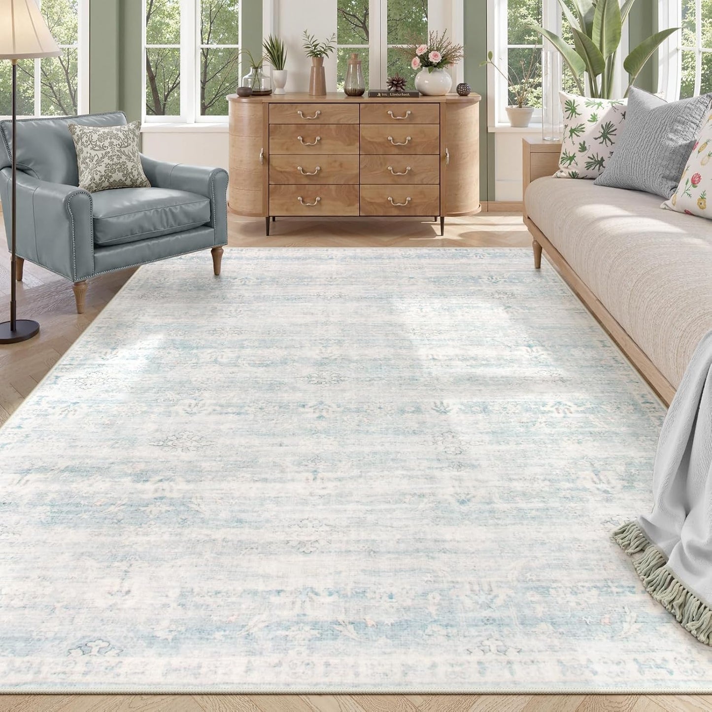 Blue Rugs for Living Room, 8X10 Distressed Light Blue Area Rugs for Bedroom, Stain Resistant Large Carpets for Dining Room, Soft Non Slip Floor Mat for Kids Room