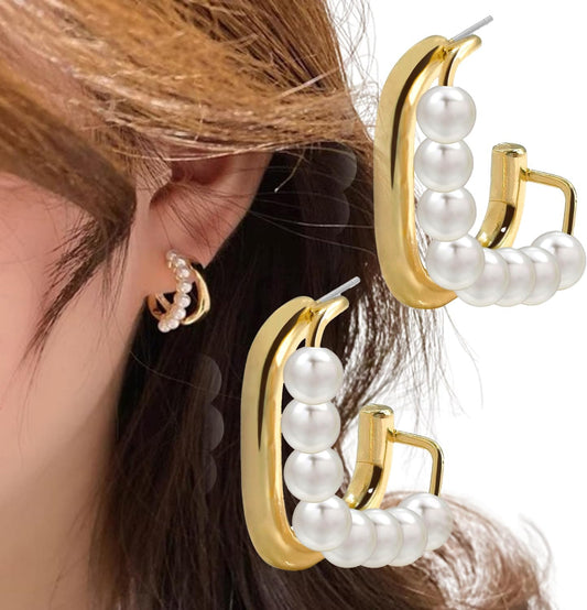 Pearl Hoop Stud Earrings for Women,  14K Gold Square Double Hoop Earrings Dainty Lightweight Studs Jewelry Graduation Birthday Gift for Girls Trendy Earring