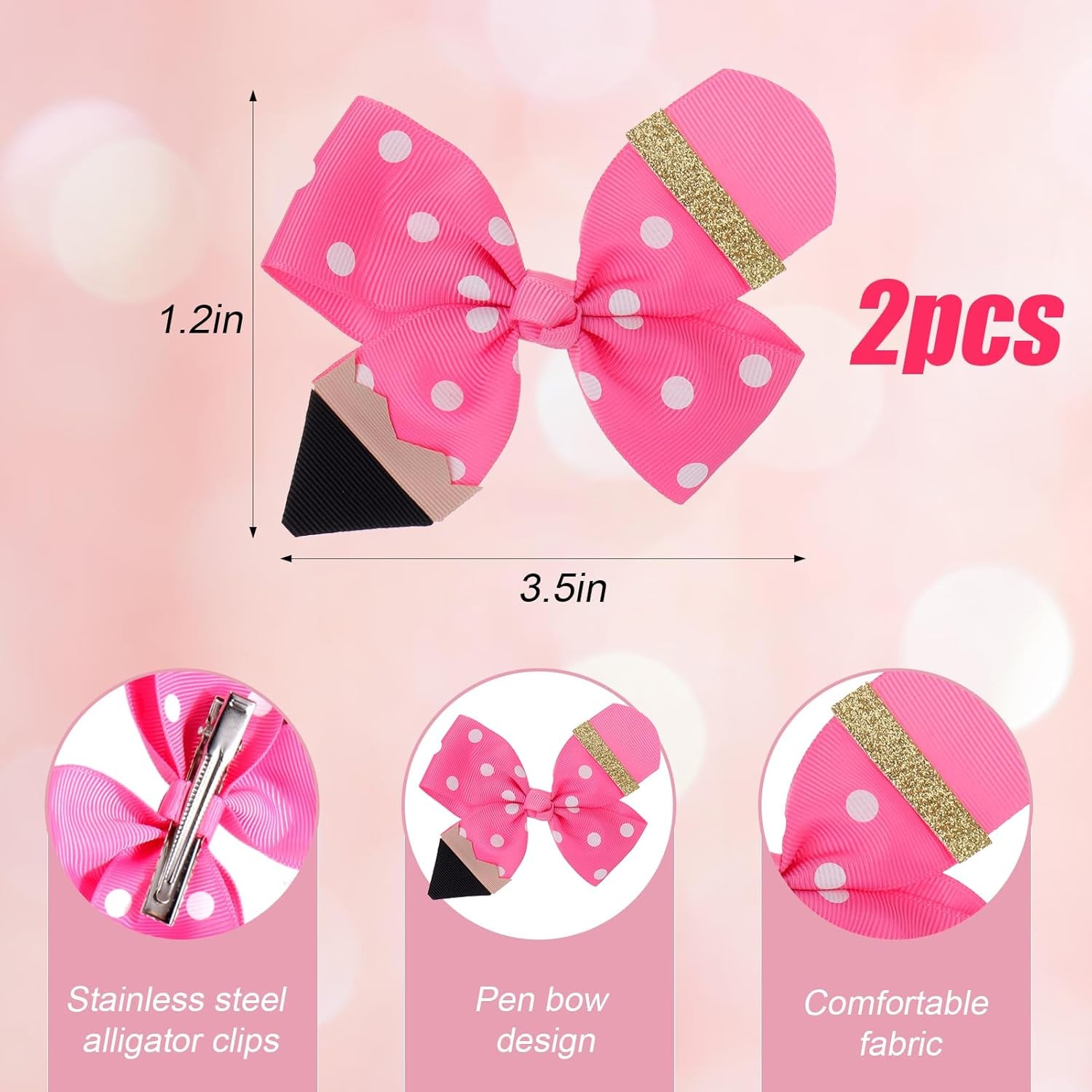 Back to School Hair Accessories - Funny Pencil Hair Clips and Cute Bows for Girls, First Day School Gift for Student Uniform Outfits (Pink)