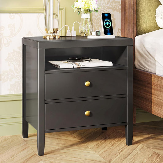 Modern Black Nightstand with Charging Station and Two Drawers, Stylish Bedside Table with Storage Solutions and Metal Knobs