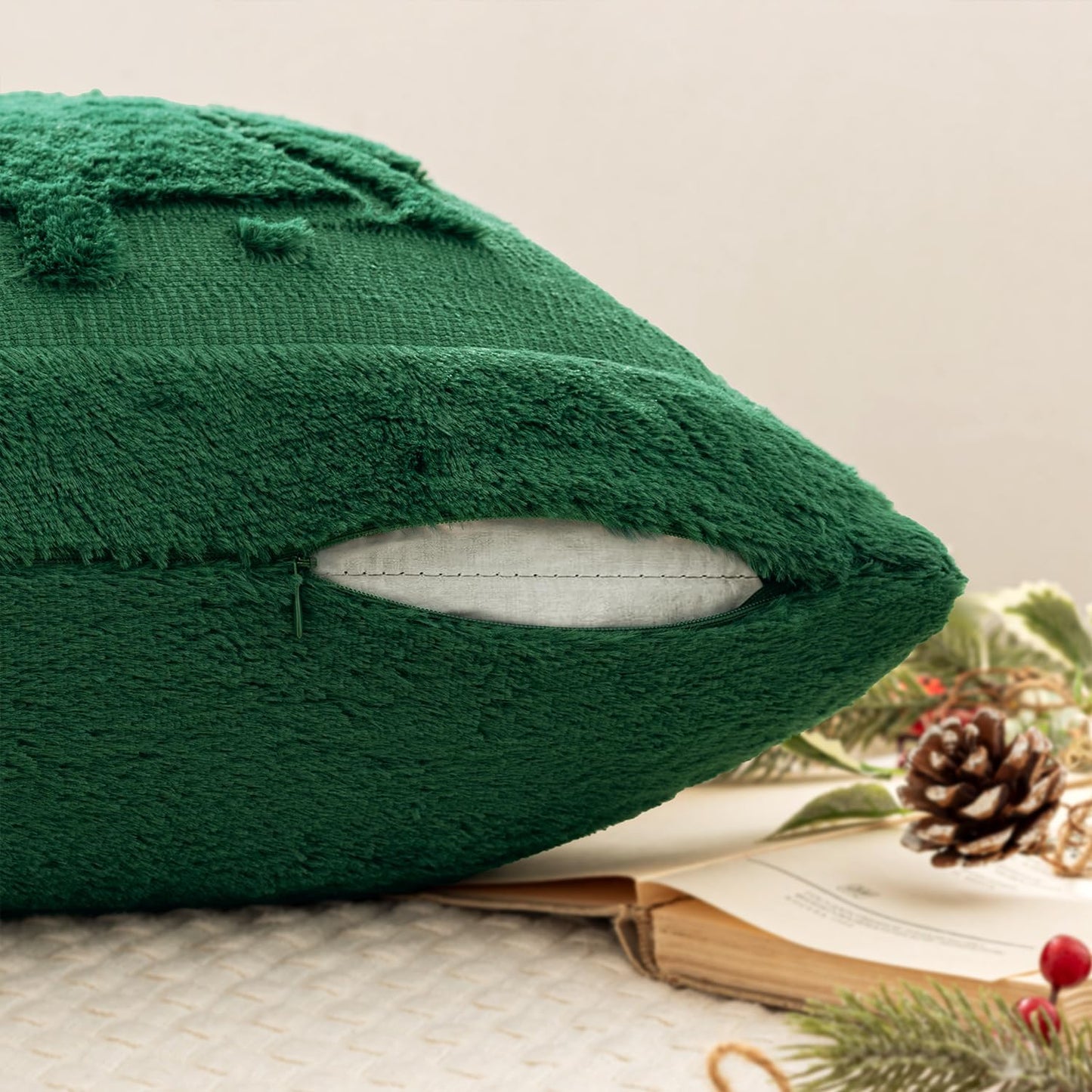 Christmas Trees Pillow Covers Set of 2 Decorative Soft Throw Pillows Plush Faux Fur Wool Embroidered Couch Cushion for Holiday Winter Home Decor Chair Sofa Bedroom Living Room,Green 18X18Inch