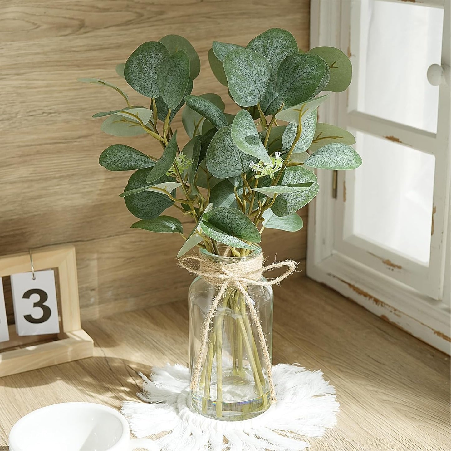 15" Artificial Eucalyptus Stems in Glass Vase with Faux Water, Fake Plant Eucalyptus Leaves for Bathroom Centerpiece Table Kitchen Farmhouse Wedding Home Greenery Décor, Green