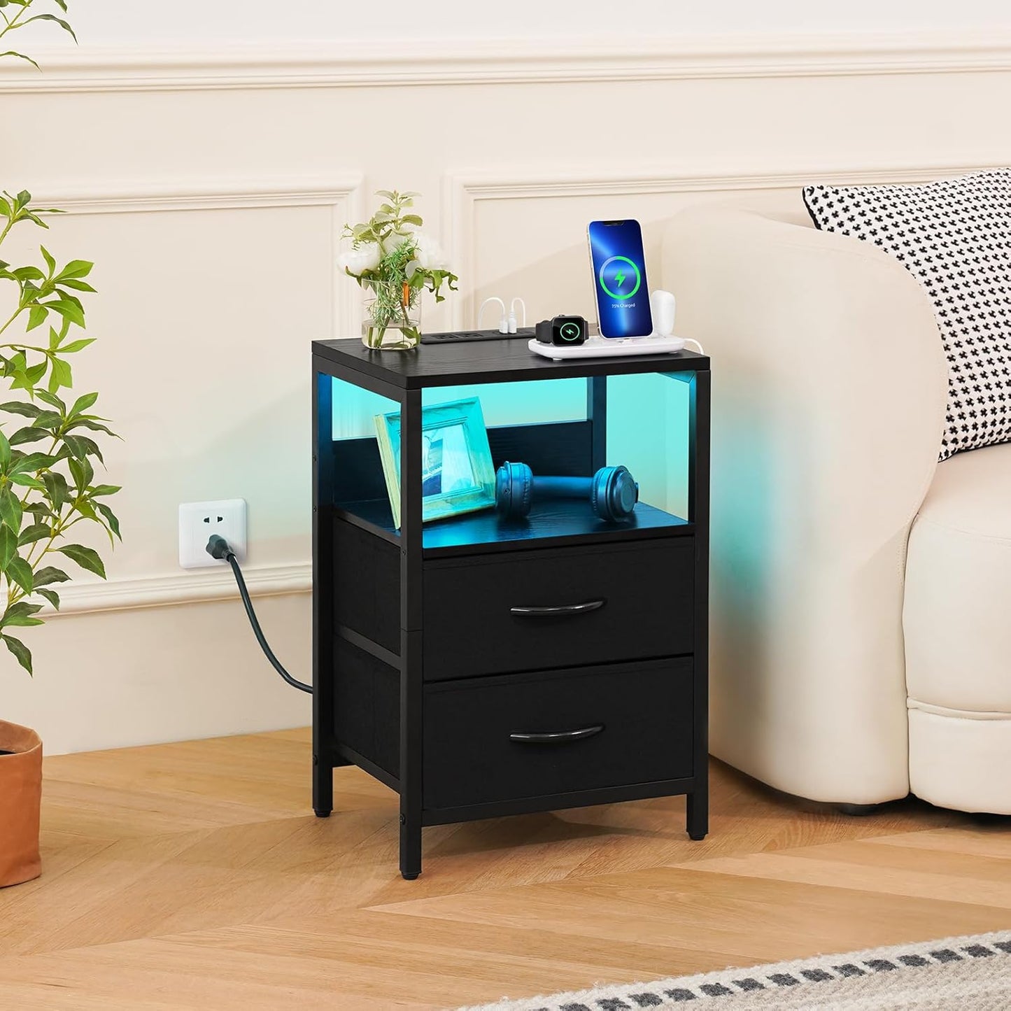 Nightstand with Charging Station, LED Night Stand with Fabric Drawers and Storage Shelf for Bedroom, Nightstands Bedside Tables with USB Ports & Outlets, Small Night Stands, Bed Side Table