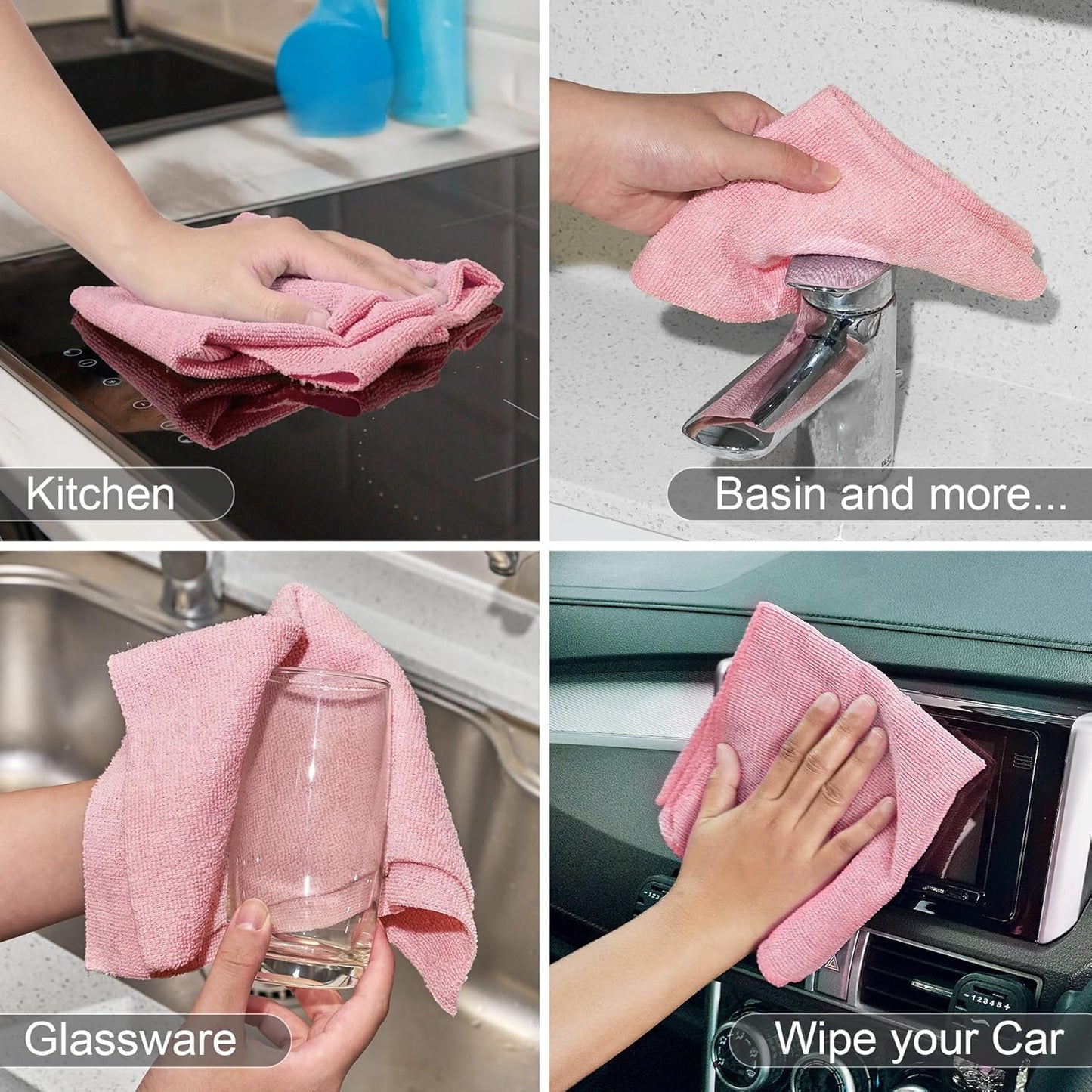 Microfiber Cleaning Cloth, Reusable Paper Towels Rolls, Dish Rags for Washing Dishes, Kitchen, Bathroom, Car, 12X12 Inch, 50 Packs/Roll, Pink