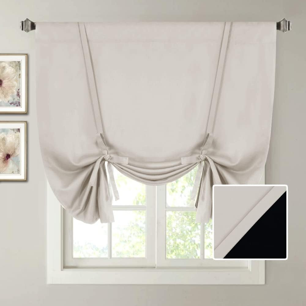 100% Blackout Tie up Curtains for Bathroom Window Thermal Insulated Small Curtains 45 Inches Long Rod Pocket Balloon Shades with Black Liner, Pumice Stone