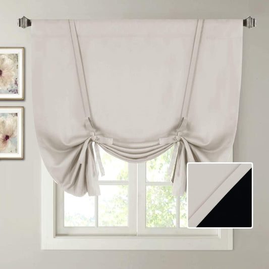 100% Blackout Tie up Curtains for Bathroom Window Thermal Insulated Small Curtains 45 Inches Long Rod Pocket Balloon Shades with Black Liner, Pumice Stone