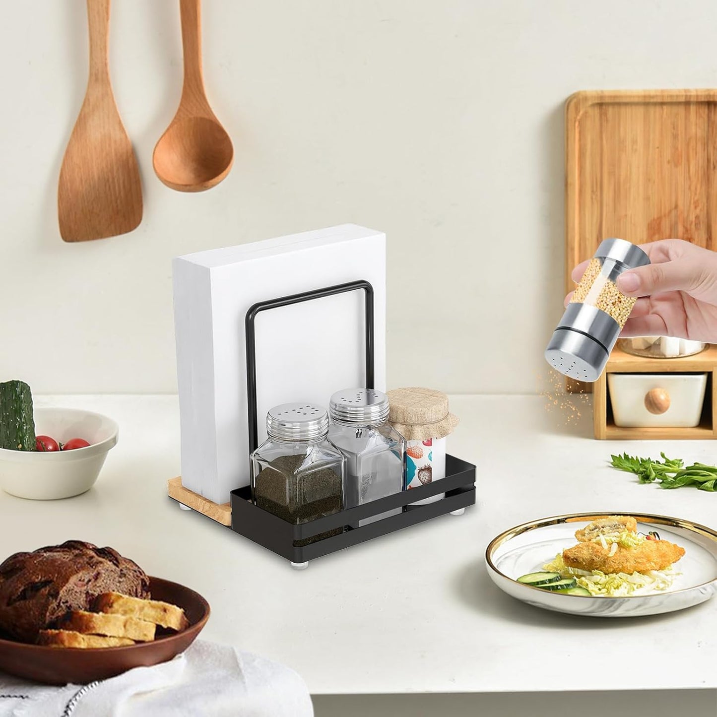 Napkin Holder, Wood Metal Napkin Holder for Table with Salt and Pepper Shakers Caddy, Standing Paper Napkin Dispenser for Kitchen Dining Countertop Decor, Wood & Metal Base, Black