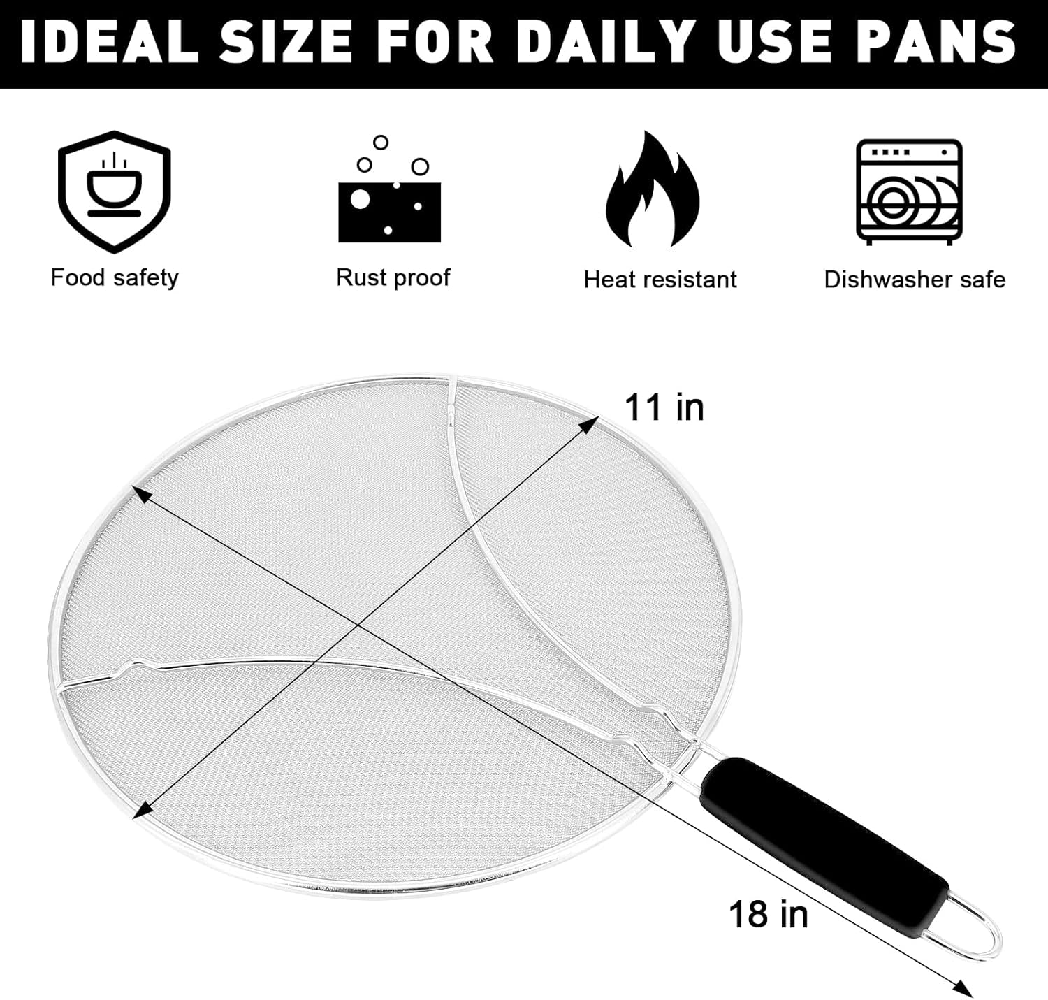 Grease Splatter Screen, 11 Inches. Oil Splatter Screens for Frying Pan Shields. Hot Oil Splash Guard, Prevent and Protects Skin from Burns