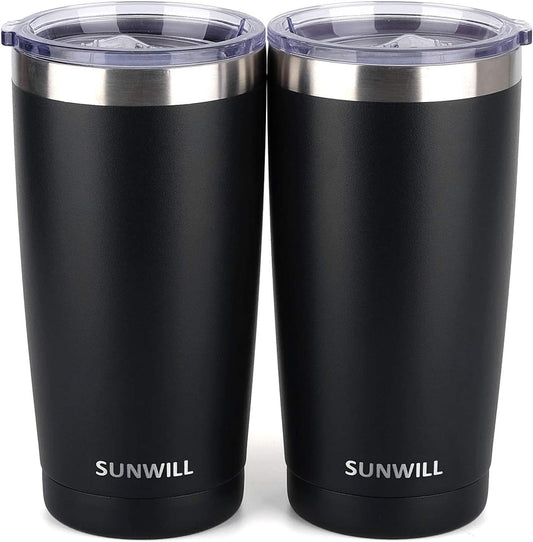 Travel Coffee Mug with Lid, 20 Oz Tumbler Set of 2, Insulated Stainless Steel Cup for Water, Tea, Ice, Powder Coated Black 2 Pack