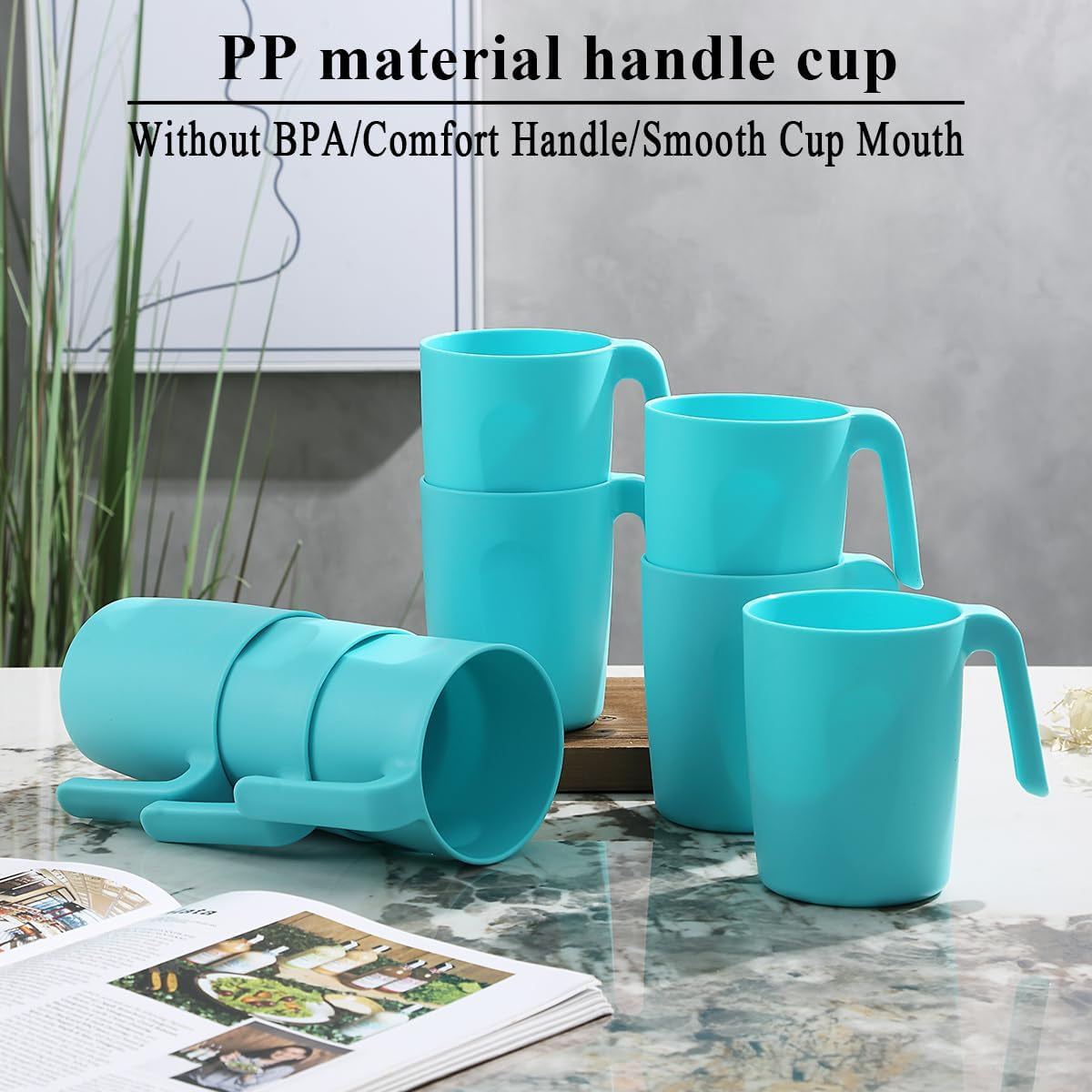 TF Blue Plastic Coffee Mug Set of 8, 15oz Reusable Cups with Handles, Ideal for Home, Garden, Picnic, Camping, and Outdoor Use