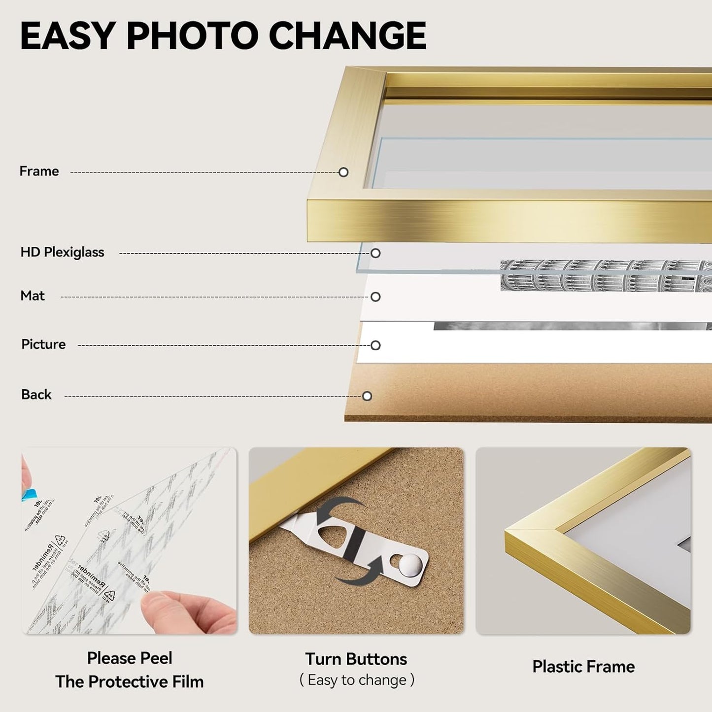 11X17 Picture Frame Gold, Gold Picture Frames Display Photos 9X15 with Mat or 11X17 without Mat, 1 Pack Plastic Frame for Wall for Home Decor