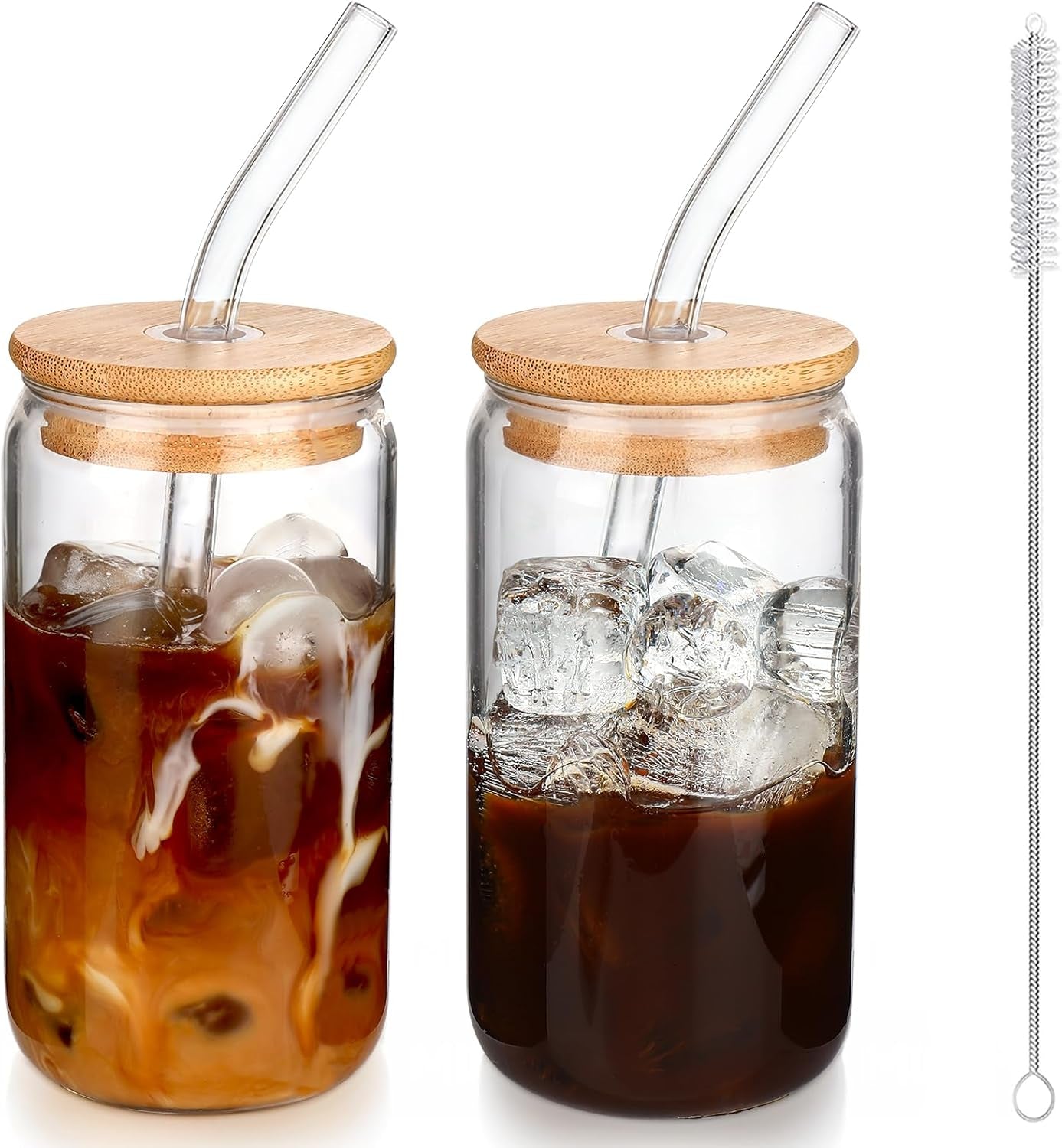 Iced Coffee Cups with Lids 2 Pcs,16 Oz Glass Cups with Lids and Straws as Coffee Bar Accessories,Beer Drinking Glasses,Reusable Glass Tumbler,Cute Coffee Cups for Coffee, Juice, Gifts