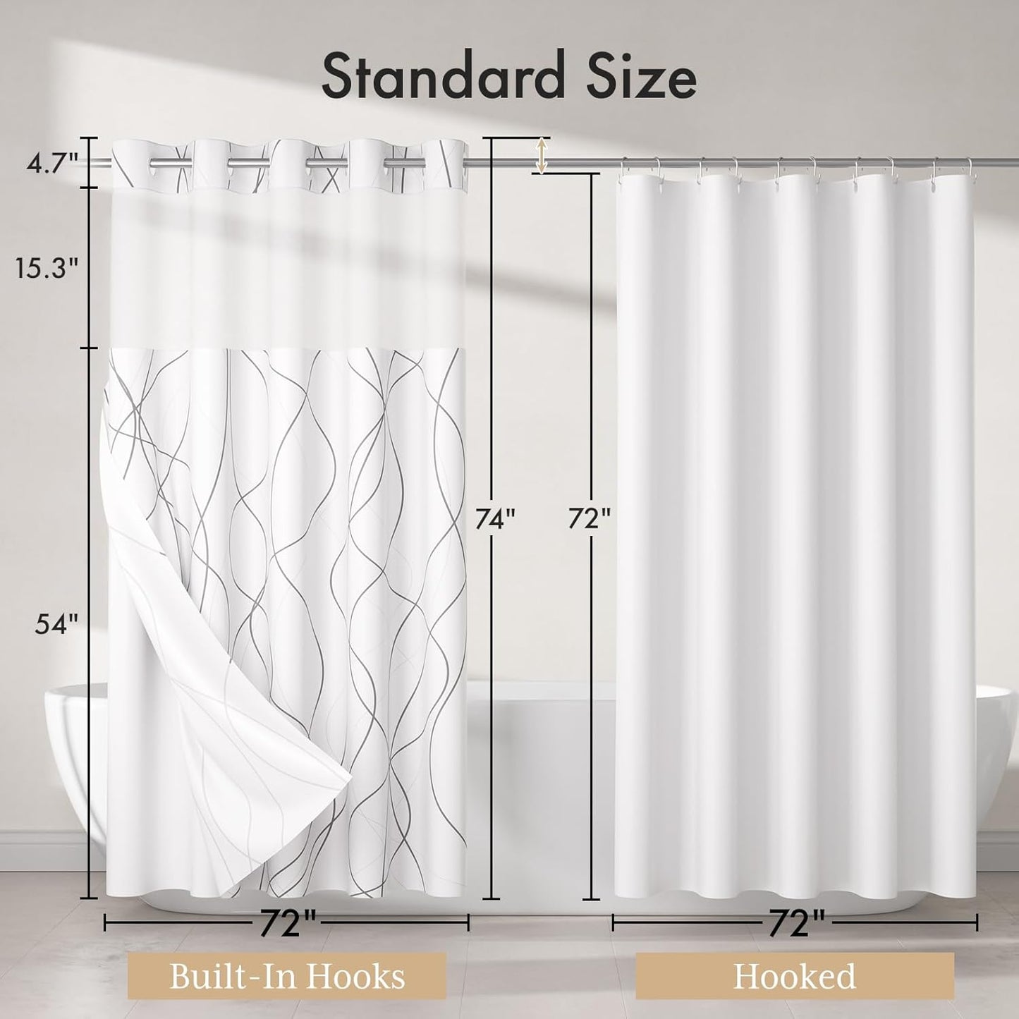 No Hook Shower Curtain and Liner Set, Shower Curtain with Liner and Hooks Built-In Less Time, Heavy Duty Double Waterproof Farmhouse Shower Curtain Set for Bathroom, Grey, 74"X72"
