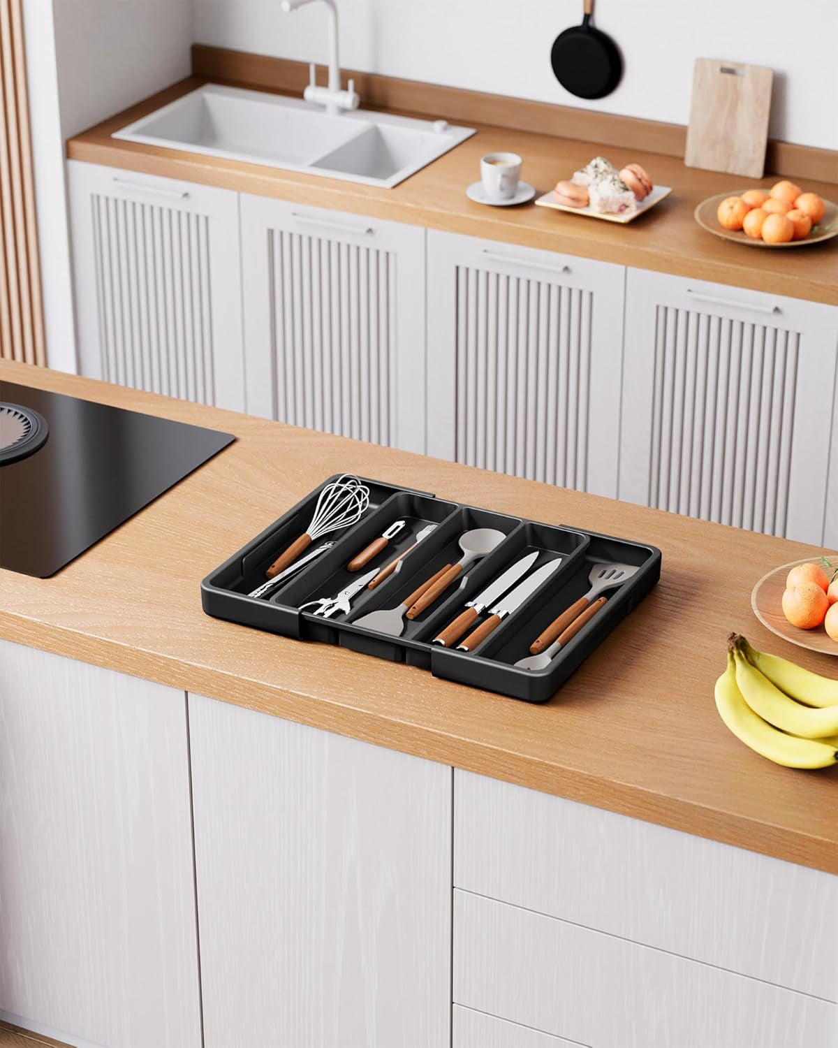 Expandable Silverware Organizer – Large Utensil Drawer Kitchen Organization with 5 Compartments, Easy-Clean, Home & Apartment Essentials, Black, 13.6" X 1.4"X 11.0"~19.9"