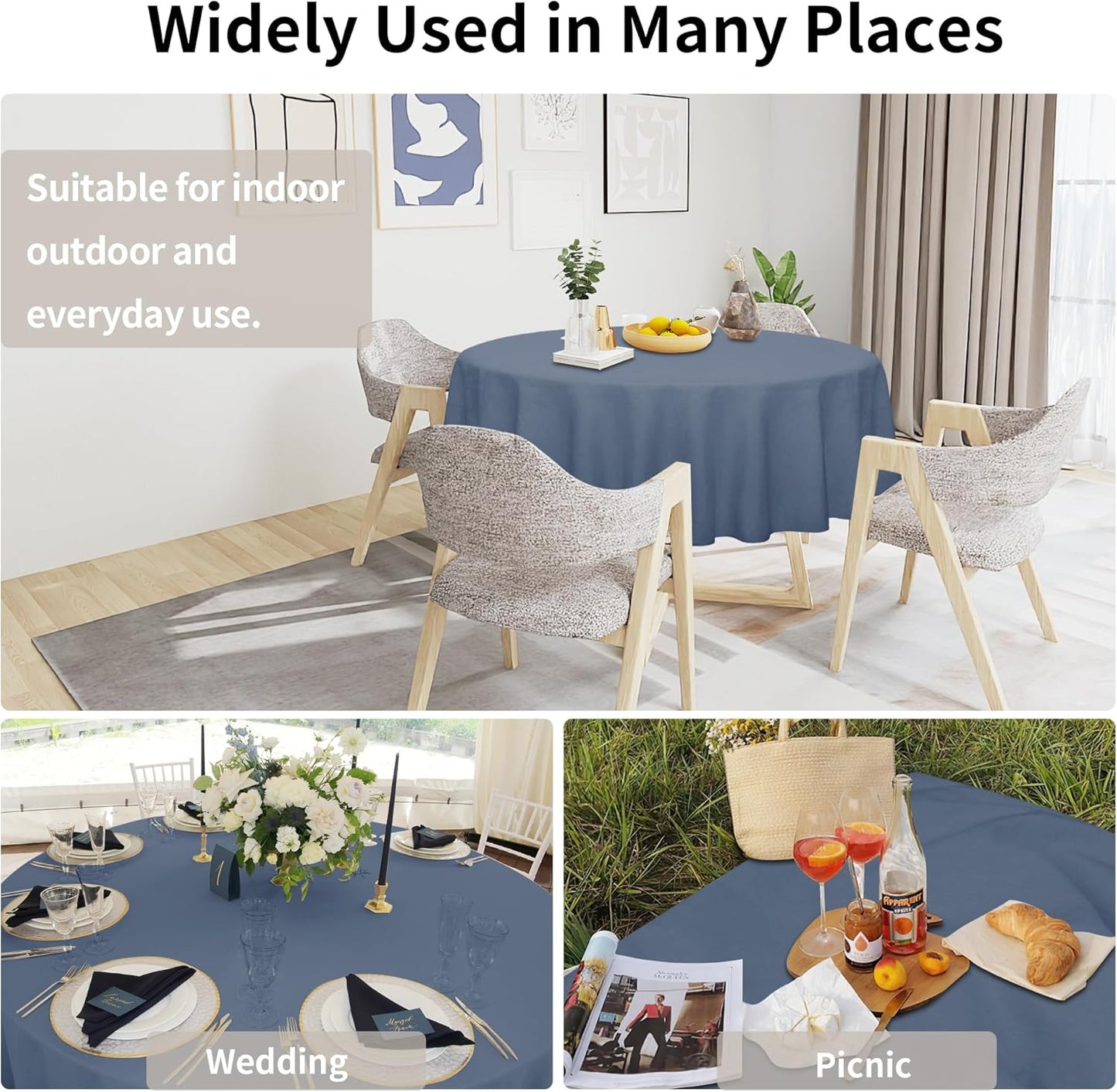 Faux Linen Waterproof Spill-Proof Tablecloth Stain Resistant round Table Cloth Wrinkle Free Decorative Fabric for Kitchen, Dining, Party, Weddings, Restaurants (60 In-Round, Denim Blue)