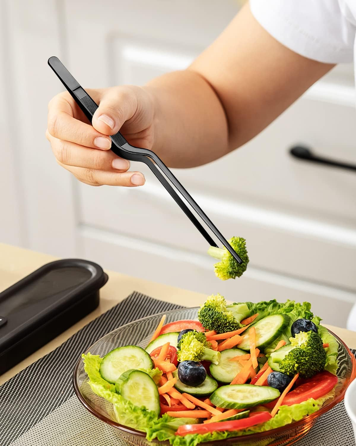 Fine Cooking Tweezers Set, Professional Stainless Steel Food Tongs, Kitchen Black Long Chef Tweezer for Cooking, Plating, Decorating and BBQ (BLACK, 10 Inch)