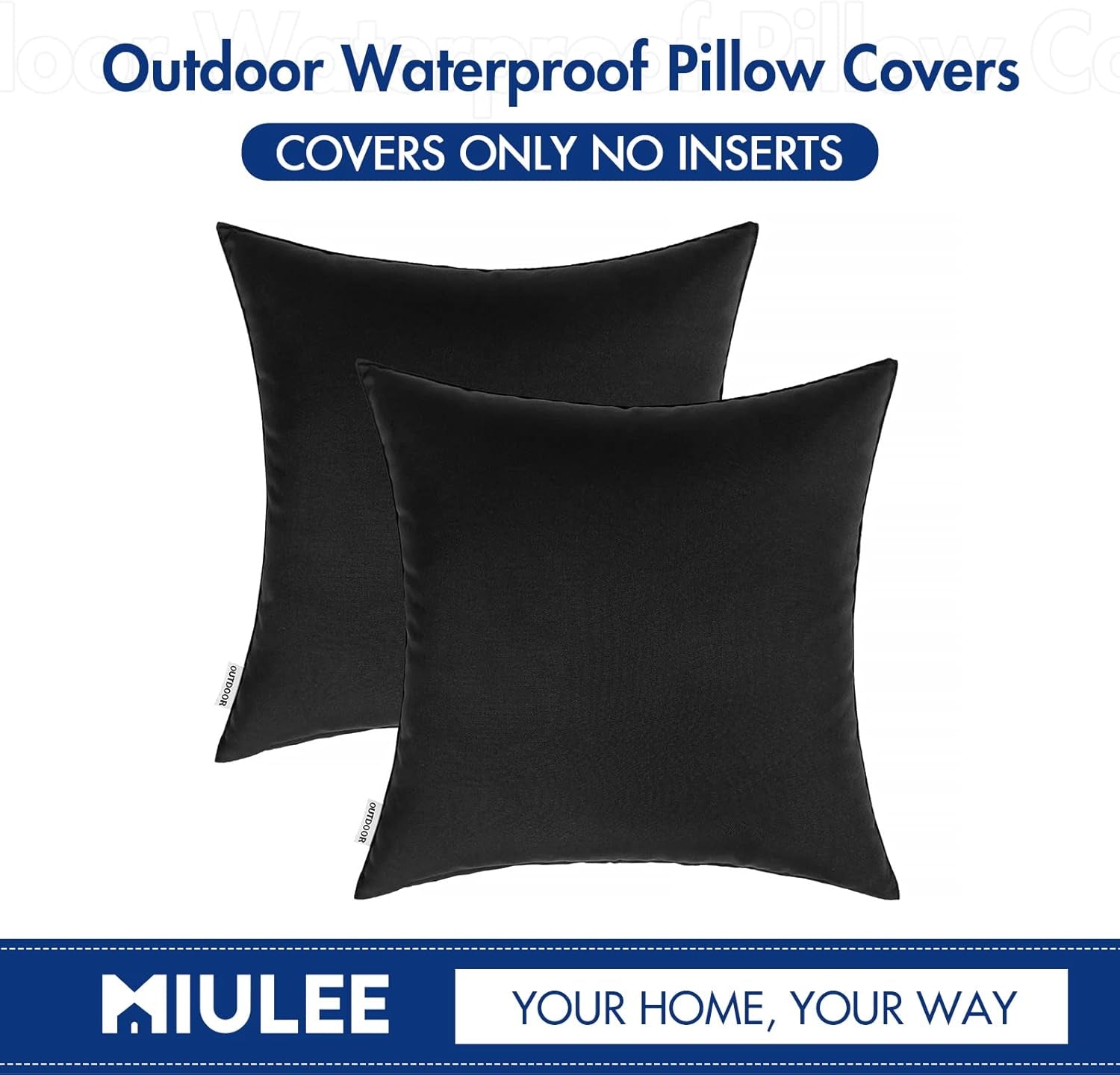 Pack of 2 Decorative Outdoor Waterproof Pillow Covers Square Garden Cushion Sham Throw Pillowcase Shell for Spring Patio Tent Couch 18X18 Inch Black