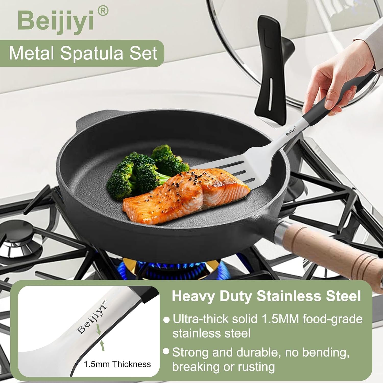 Stainless Steel Spatula Set, 2 Pcs Small Metal Spatula for Cast Iron Skillet, Solid and Slotted Turner Spatulas for Kitchen Use with Silicone Handle, Cooking Utensils for Eggs, Burger, Steak