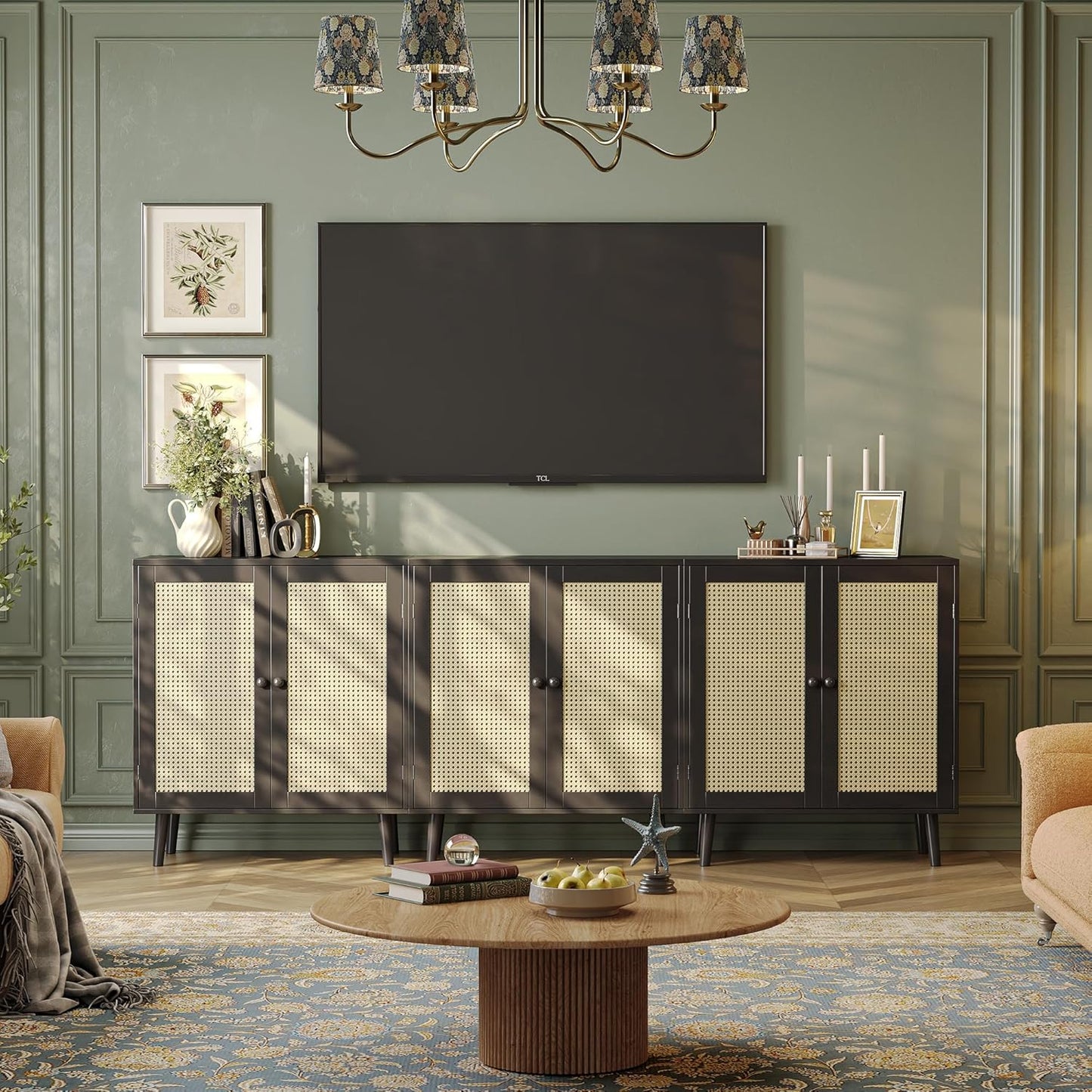 Buffet Cabinet with Storage and Synthetic Rattan Decor Doors, Solid Wood Legs, Ideal for Hallway, Entryway, or Living Room, Black Finish