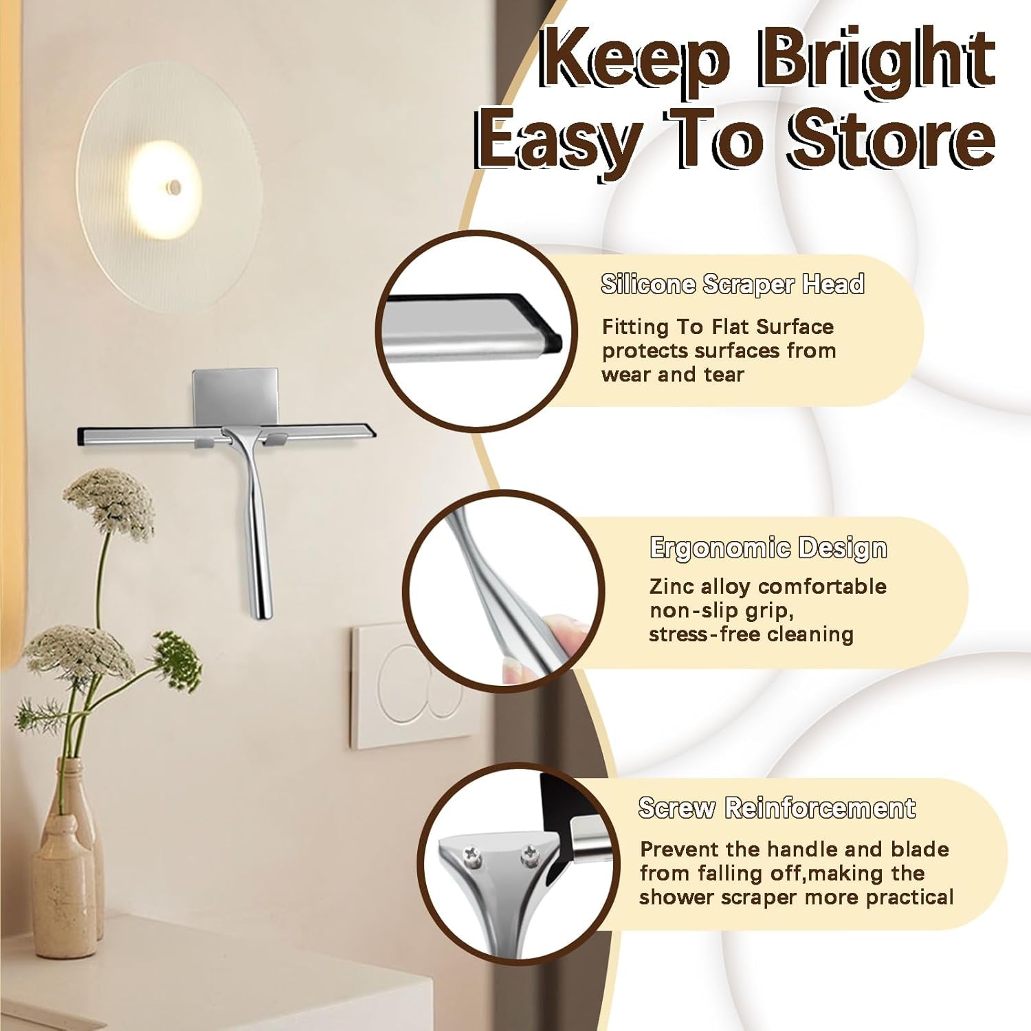 Shower Squeegee for Glass Doors, Stainless Steel Squeegee for Shower Glass with Adhesive Hook, 10’’ Multi-Purpose Window Squeegee for Window Cleaning, Bathroom, Glass, Car Windows, Mirrors, Tiles