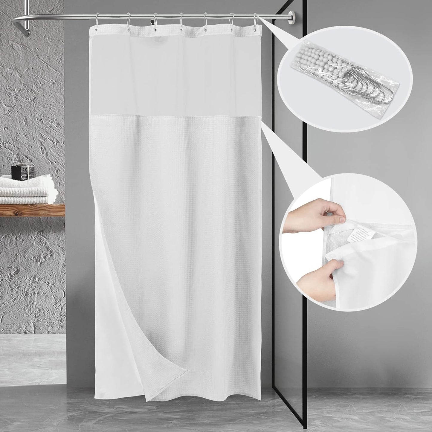 Stall Waffle Weave Shower Curtain with Snap-In Fabric Liner & Hooks Set - 36" X 72" Small Shower Stall Size, Hotel Style & Mesh Top Window, Machine Washable - 36X72, White