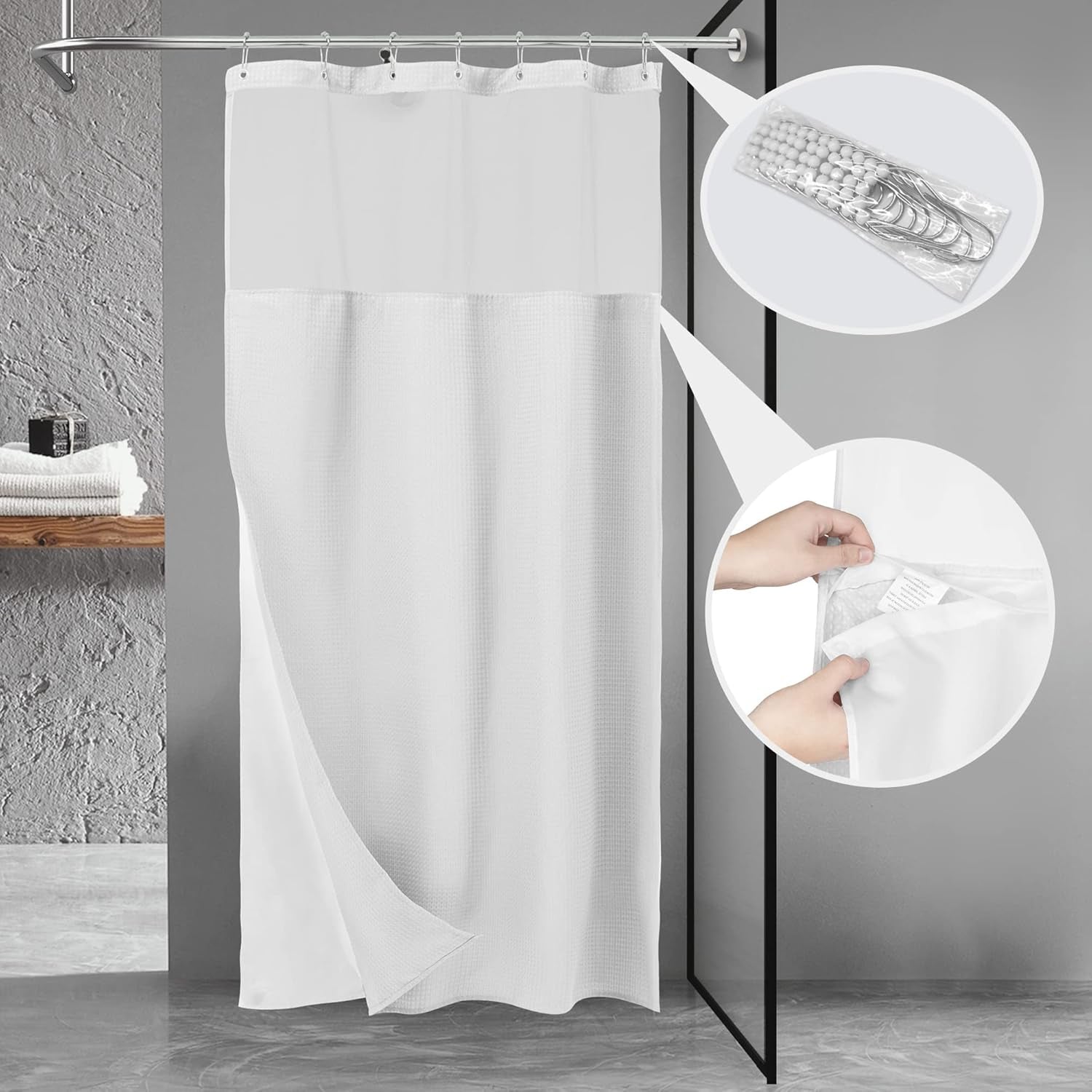Stall Waffle Weave Shower Curtain with Snap-In Fabric Liner & Hooks Set - 36" X 72" Small Shower Stall Size, Hotel Style & Mesh Top Window, Machine Washable - 36X72, White