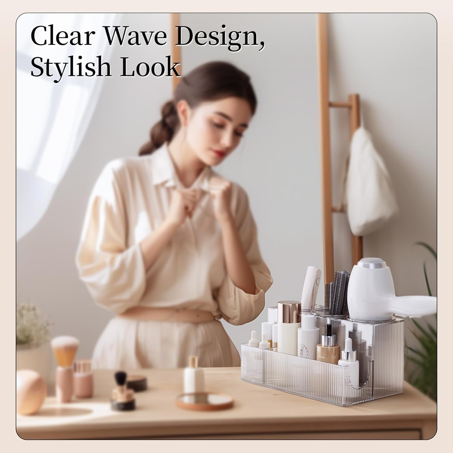 Hair Tool Organizer, Bathroom Sink Vanity Trays, Hair Dryer Holder with Detachable 3 Cups, Transparent Wave Design, Stylish & Durable, Ideal for Makeup, Vanity, Bathroom Counter Organizers and Storage