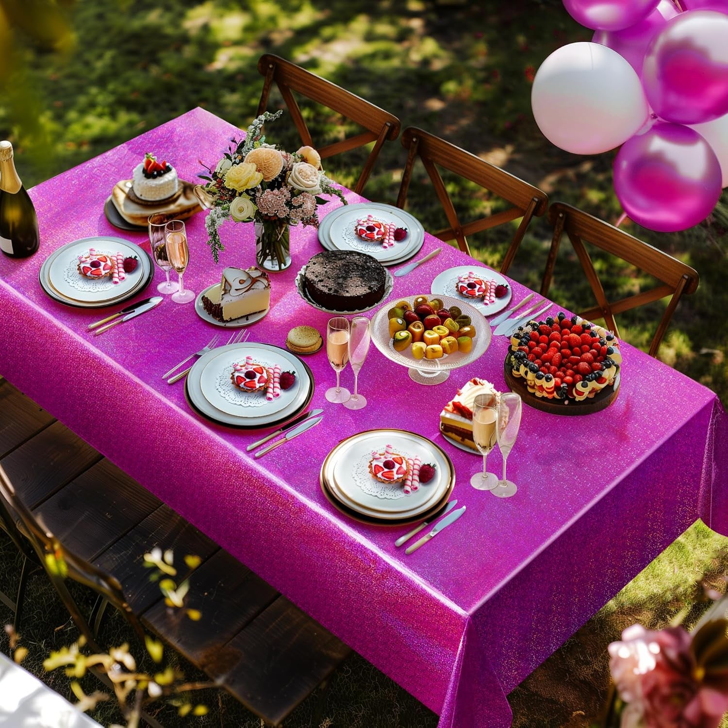 Fuchsia Holographic Foil Tablecloths - Set of 2, 54x108 Durable Table Covers with Elegant Shimmer for Parties, Weddings, and Showers