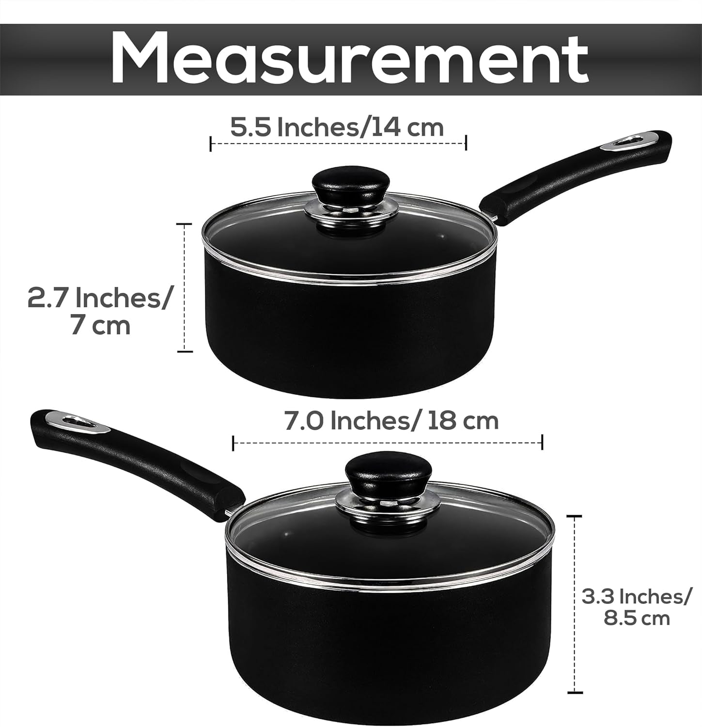 Nonstick Stock Pot Saucepan Set with Lids, 1 Quart and 2 Quarts Multipurpose Stock Pots Set for Home, Kitchen or Restaurant, Black