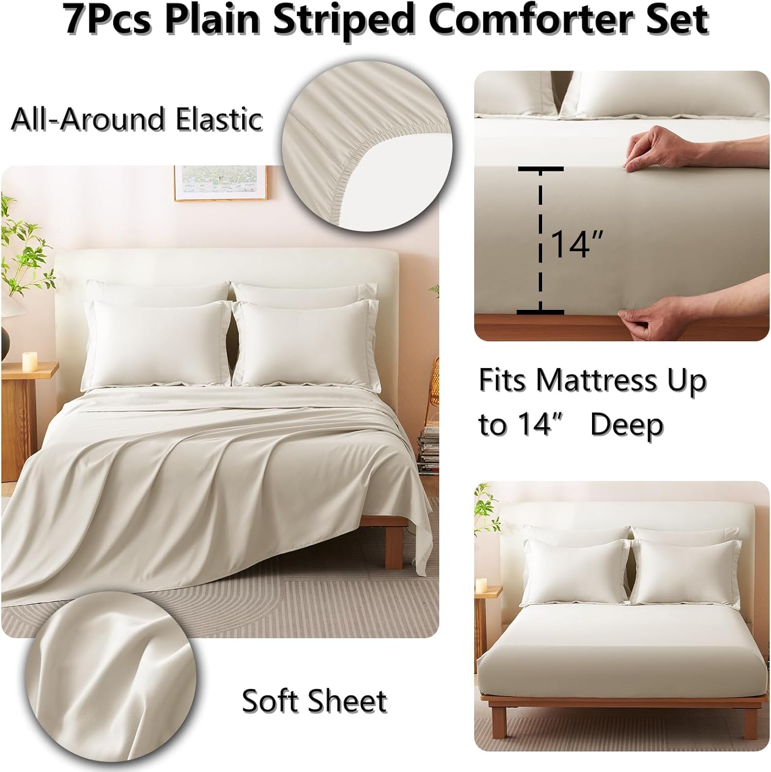 Queen Comforter Set - 7 Pieces Bed in a Bag Beige Comforters Queen Size Bed Set, Soft Bedding Set with All Seasons Comforter, Sheets, Pillowcases & Shams