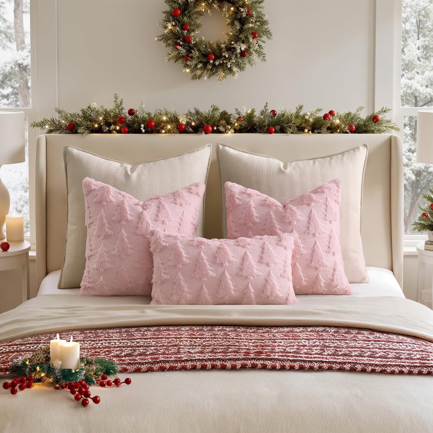 Christmas Throw Pillow Covers Pink Christmas Decorations Set of 2 Xmas Tree 18X18 Pillow Covers Soft Plush Faux Wool Pillowcases Holiday Festivals Winter Home Decor Sofa Couch Bed Porch