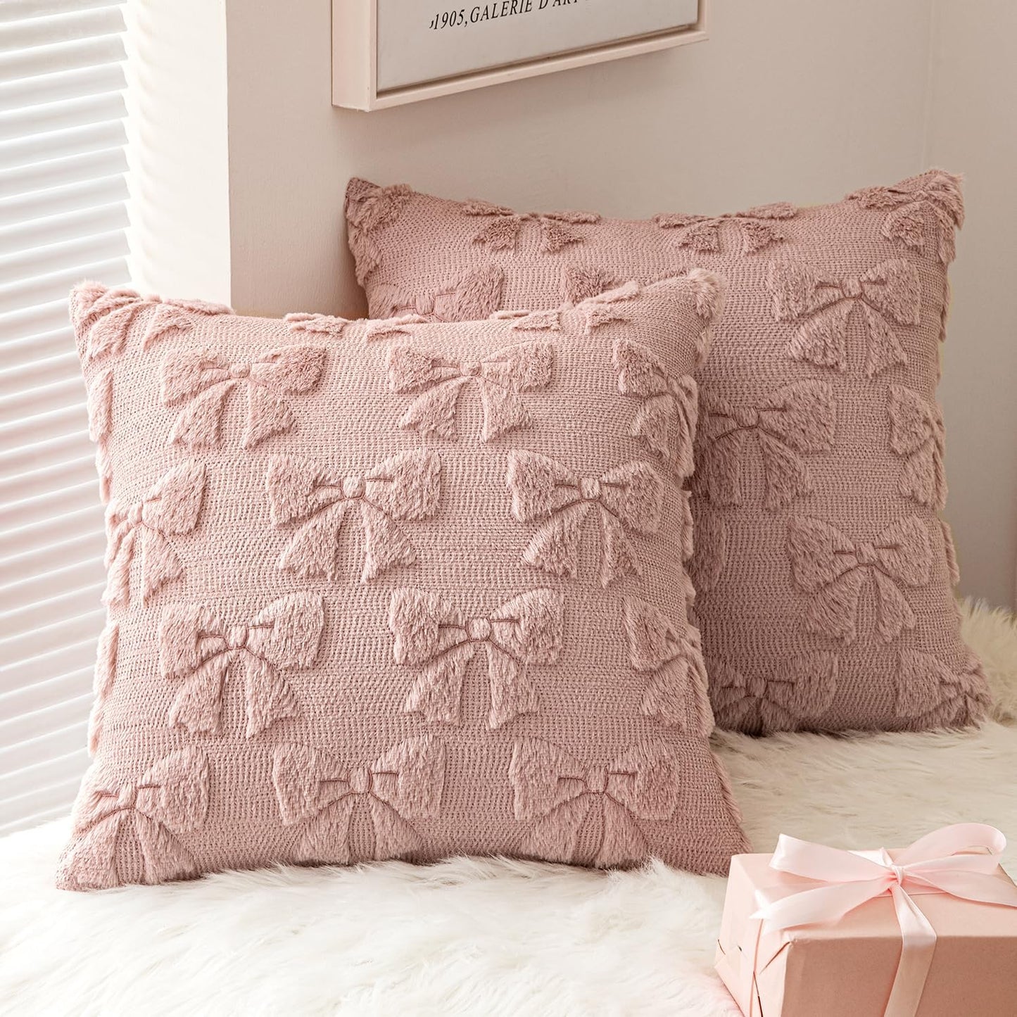 Blush Pink Bow Pillow Covers - Set of 2 Soft Plush Decorative Pillowcases for Aesthetic Room Decor, 18x18 Inches