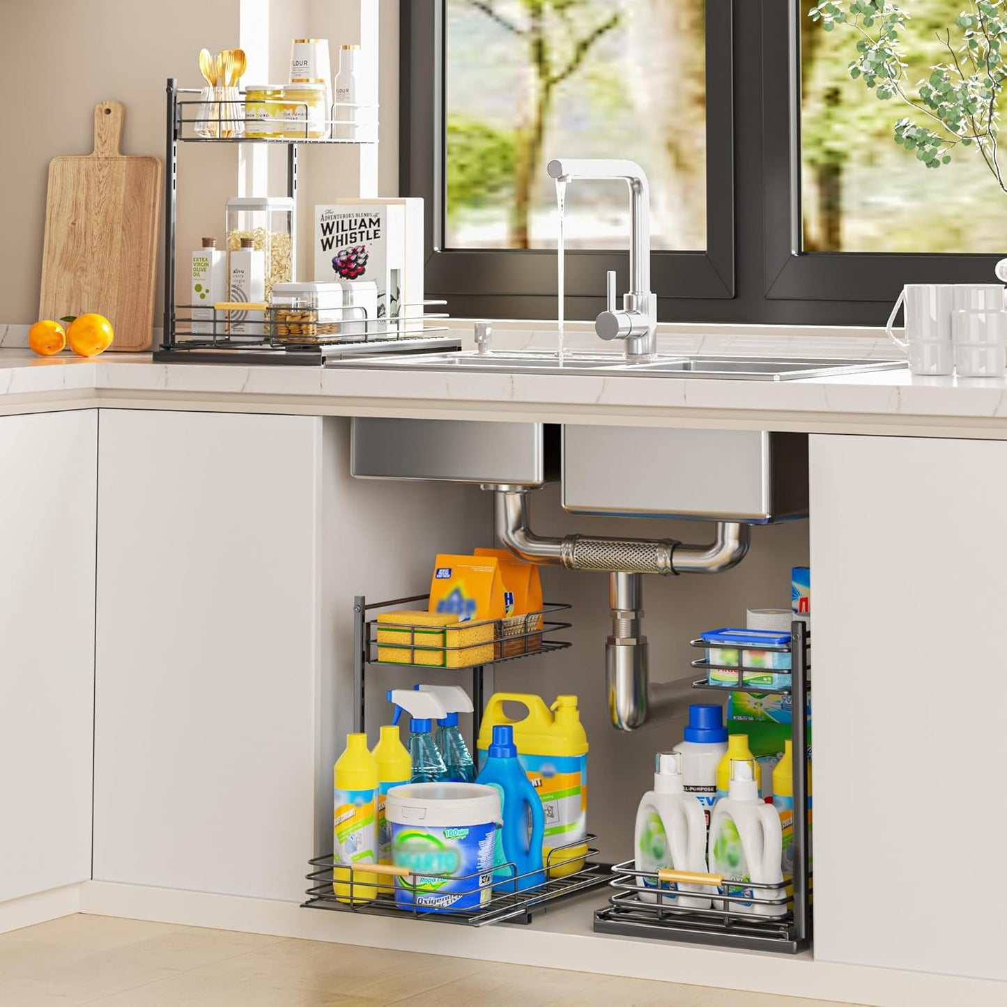 under Sink Organizer, Height Adjustable under Sink Organizers and Storage, Slide Out under Sink Storage Shelf for Kitchen Bathroom Pantry Cabinet