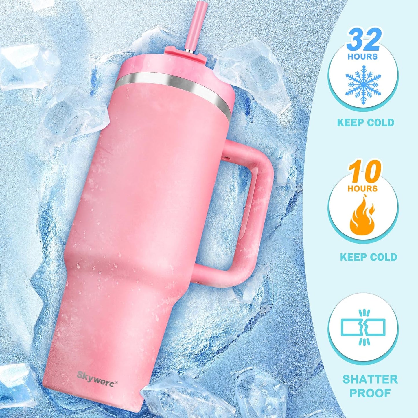 40 Oz Tumbler with Handle and Straw, 2 in 1 Lid, Vacuum Insulated Stainless Steel Double Wall Water Bottle Travel Mug - Holiday Gifts for Women Men - Pink