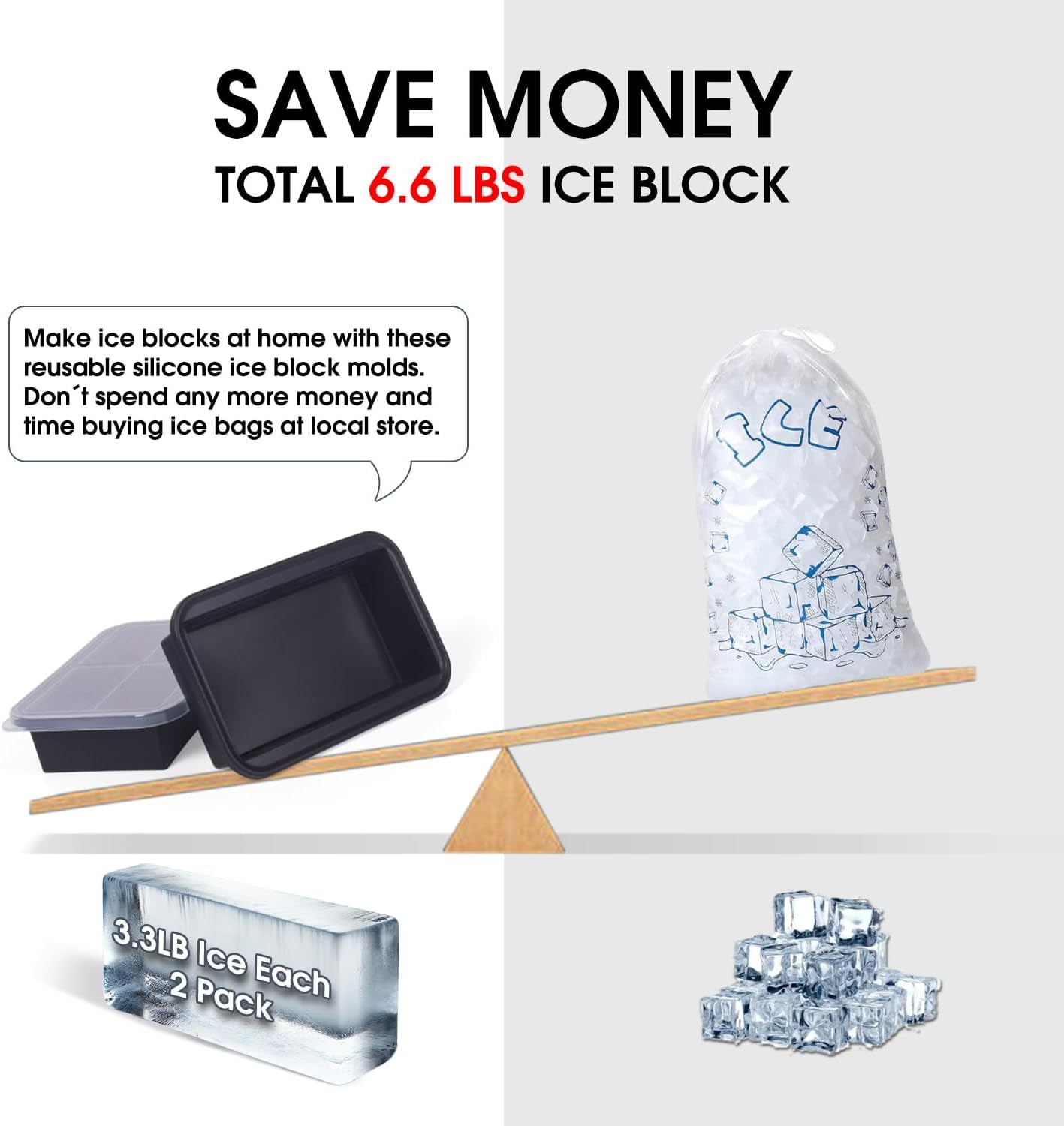 Extra Large Ice Block Mold for Ice Bath Cold Plunge Accessories Chiller Cooler, 2 Pack for 6.6LB Ice, Steel Reinforced Stackable Silicone Ice Molds with Lids for Big Giant Ice Brick, Black