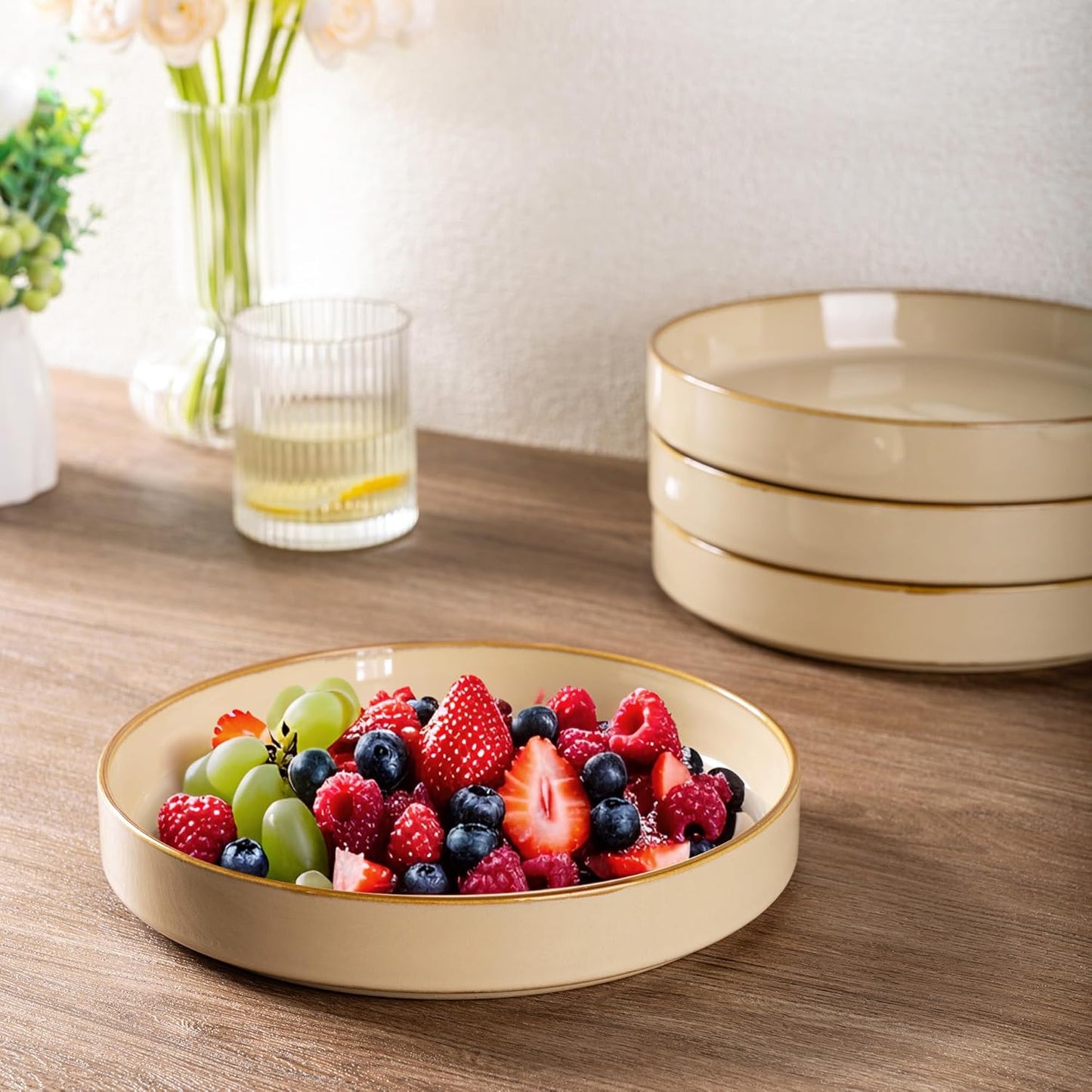 Large 9-Inch Ceramic Pasta Bowls Set of 4, 32 Oz Stoneware Serving Bowls for Kitchen Use, Versatile Wide Bowls for Fruit, Pasta, Salad, Oatmeal, Microwave Safe with Reactive Glaze in Warm Sand Finish