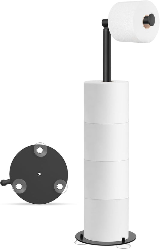 Suction Cup Toilet Paper Holder Stand Free Standing Toilet Paper Holder with Suction Cups, Stainless Steel Toilet Paper Storage for Bathroom, Weighted Base, Black