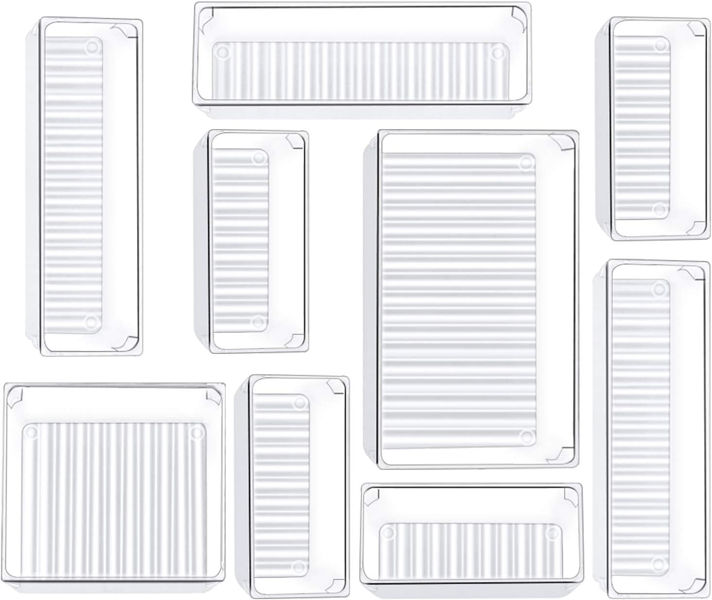 9 Pcs Drawer Organizer Set, 4-Size Bathroom Vanity Trays Makeup Desk Dividers Versatile Storage Bins Clear Plastic Container for Dresser, Bedroom, Kitchen, Office