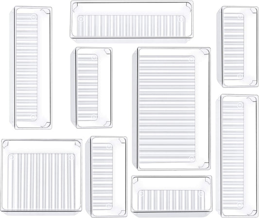 9 Pcs Drawer Organizer Set, 4-Size Bathroom Vanity Trays Makeup Desk Dividers Versatile Storage Bins Clear Plastic Container for Dresser, Bedroom, Kitchen, Office