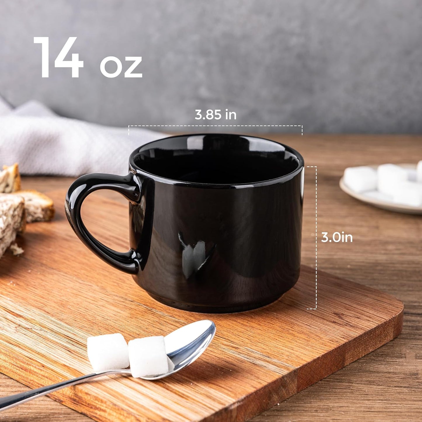 14 oz Stackable Ceramic Coffee Mug Set of 6 - Modern Black Cups for Latte, Tea, and Cappuccino, Dishwasher and Microwave Safe