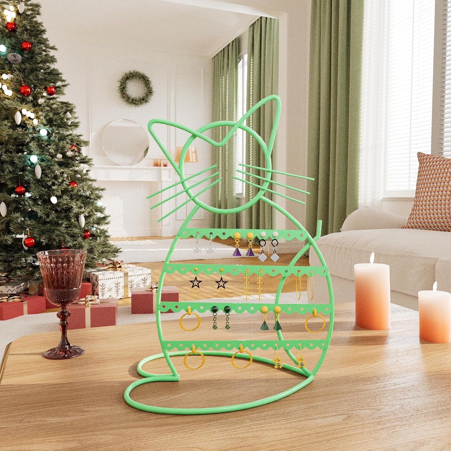 Cat Shaped Earring Holder Stand - Metal 48 Stud Holes, Jewelry Display Vanity Organizer for Girls - Jade