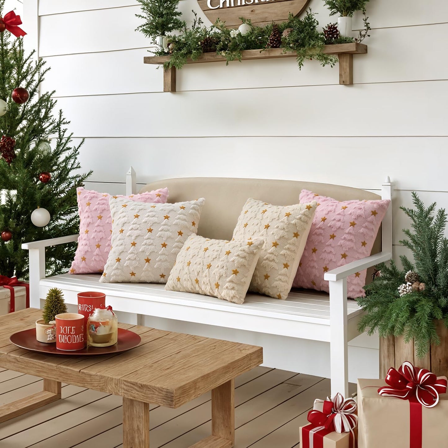 Christmas Pillow Covers 18X18 Inch Set of 2, Pink Christmas Tree Plush Faux Fur Pillowcases Soft Decorative Throw Pillow Cases for Couch Sofa Living Room Winter Xmas Holiday Home Decor