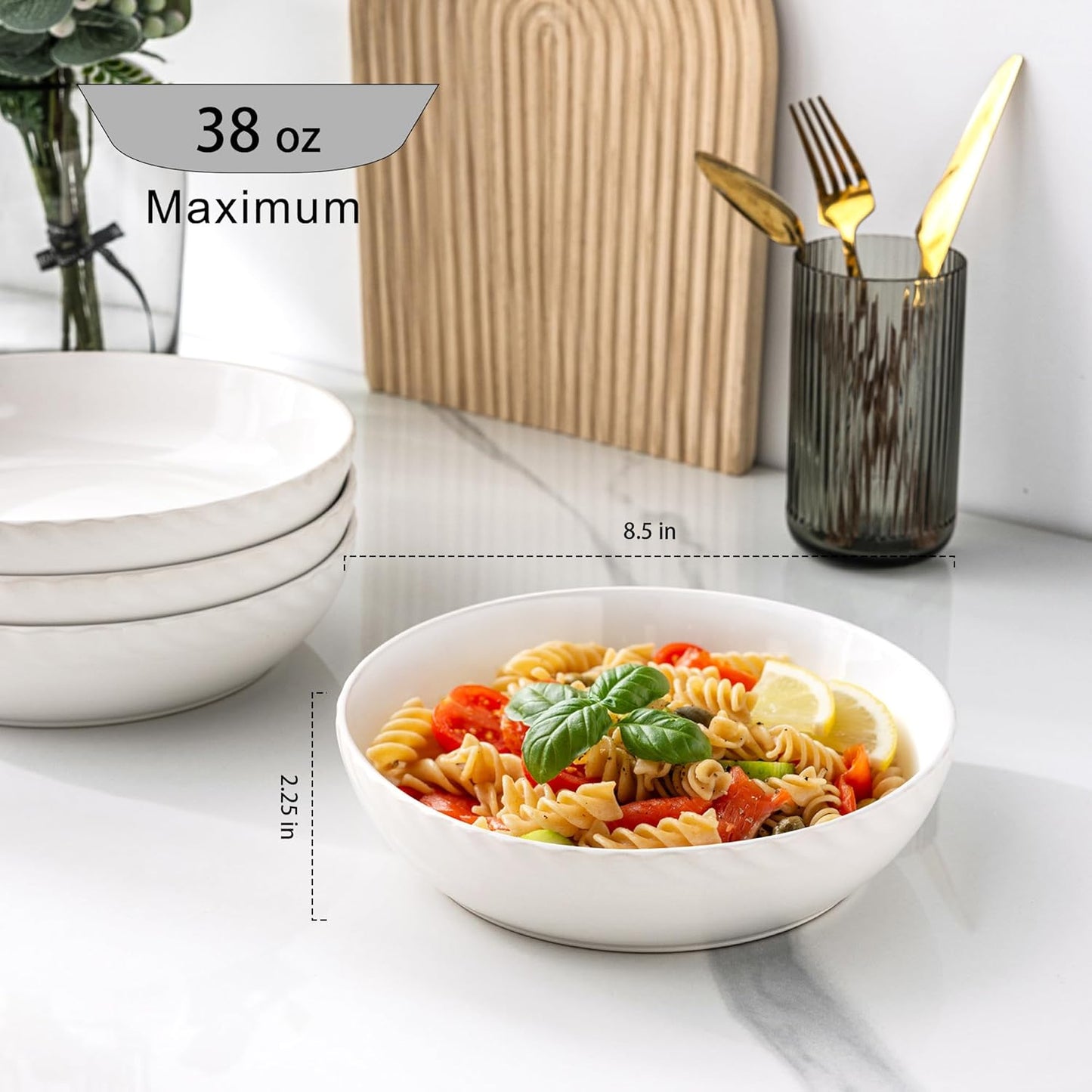 Set of 4 Large 8.5'' Stoneware Pasta and Salad Bowls, 38 Ounce Capacity with Textured Design, Ideal for Serving Pasta, Fruit, Stews, and Noodles, Perfect Housewarming Gift
