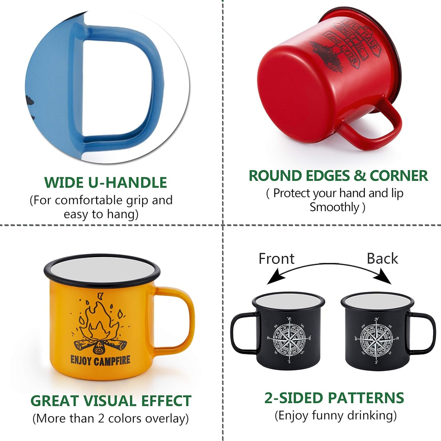 16 Oz Enamel Mug Coffee Cup Set of 6, Camping Enamel Mug with Patterns & Handle for Tea Soup Milk, Corlorful Gift for Camp Home Office, Lightweight & Durable
