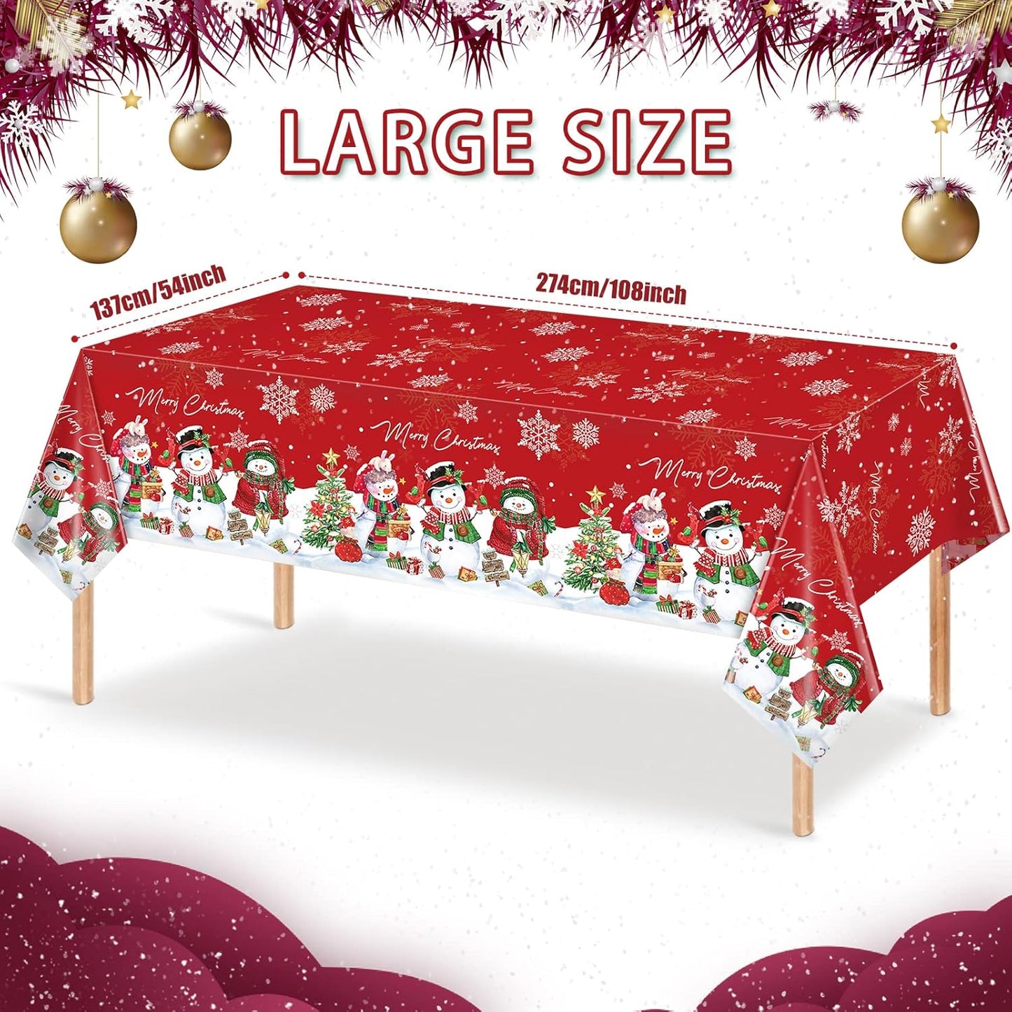 1Pcs Christmas Snowman Tablecloth,Plastic Christmas Snowman Snowflake Winter Table Cover with Xmas Tree for Winter Holiday Themed Party Decorations and Supplies,54X 108Inch(Red)